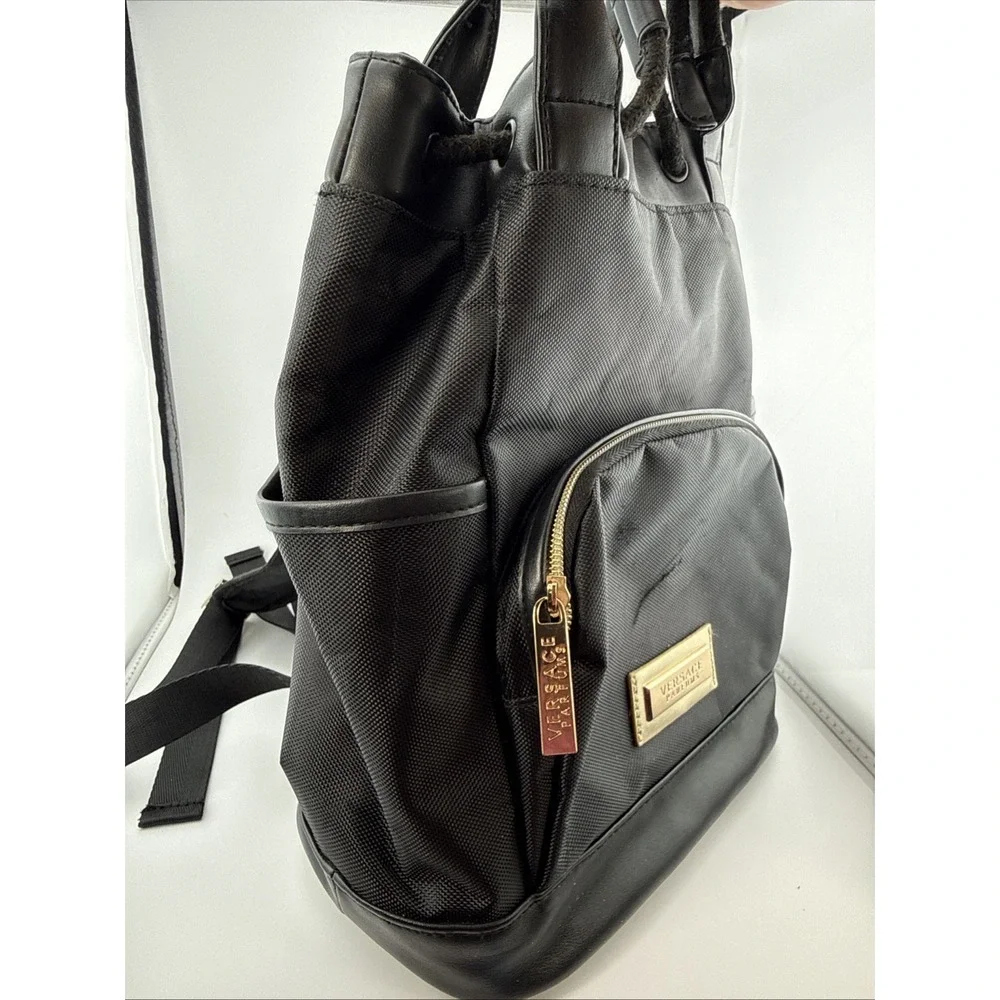 Versace Parfums Women's Backpack Bag Black/Gold Greek Key Logo Zipper Closure